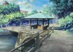  atsumori177 building bush highres no_humans original outdoors park path platform pond railing scenery shelter tree tunnel water 