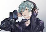  1boy aqua_hair black_choker black_headphones black_shirt choker facing_to_the_side grey_background headphones highres isumi_haruka jewelry long_sleeves looking_ahead male_focus microphone open_mouth paradox_live ring shirt short_hair solo tamotui7 teeth yellow_eyes 