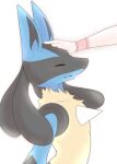  ambiguous_gender blue_body blue_fur blush blush_lines canid canine dark_inner_ear duo eyelashes eyes_closed fangs frill_(anatomy) fur generation_4_pokemon happy head_pat hi_res lucario mammal neck_frill netiel nintendo open_mouth pokemon pokemon_(species) side_view simple_background solo_focus standing teeth tongue 
