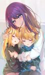  1boy 2girls absurdres black_hoodie blonde_hair closed_mouth commentary head_hug highres hood hoodie hoshino_ai_(oshi_no_ko) hoshino_aquamarine hoshino_ruby hug long_hair mother_and_daughter mother_and_son multicolored_eyes multiple_girls open_mouth oshi_no_ko parted_lips purple_eyes purple_hair sherryqq short_hair siblings sidelocks sleeping star-shaped_pupils star_(symbol) sweater symbol-shaped_pupils twins white_sweater 