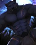  2023 4:5 abdominal_scar abs absurd_res anthro arm_scar artist_name biceps black_body black_fur black_hair black_sclera blaidd_(elden_ring) bottomwear brown_bottomwear brown_clothing brown_loincloth bulge canid canine canis chest_scar clothing elden_ring first_person_view forest fromsoftware fur hair hi_res leg_scar licking licking_lips loincloth loincloth_only looking_at_viewer low-angle_view male mammal moon muscular muscular_anthro muscular_male navel night nipples nnknwnn_(artist) pecs plant pubes purple_eyes scar sky solo star starry_sky tongue tongue_out tree wolf 