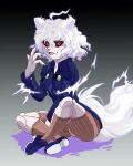  1girl alternate_form animal_ears blue_footwear blue_jacket blumper3 carrot_(one_piece) cat_ears cat_girl crossover highres hunter_x_hunter jacket neferpitou one_piece red_eyes sitting sulong_form white_hair 