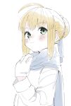  1girl ahoge artoria_pendragon_(fate) blonde_hair blue_ribbon blue_scarf blush coat fate/stay_night fate_(series) gloves green_eyes hair_bun hair_ribbon highres looking_afar ribbon saber scarf sidelocks simple_background sketch smile solo tenoo12 upper_body white_background white_coat white_gloves 