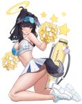  1girl absurdres animal_ears ass bare_shoulders black_hair blue_archive blue_eyes cheerleader crop_top dog_ears dog_girl dog_tail eyewear_on_head facial_mark g_rimp16533 goggles goggles_on_head halo hibiki_(blue_archive) hibiki_(cheer_squad)_(blue_archive) highres holding holding_pom_poms kneeling long_hair looking_at_viewer millennium_cheerleader_outfit_(blue_archive) official_alternate_costume panties pom_pom_(cheerleading) sidelocks skirt solo star_(symbol) star_facial_mark star_sticker sticker_on_face tail underwear white_background white_panties white_skirt yellow_halo 