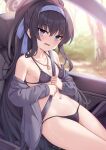  1girl bare_shoulders bikini black_bikini black_hair blue_archive blue_eyes blush breasts collarbone grey_sweater hairband halo highres jewelry long_hair long_sleeves looking_at_viewer navel necklace off_shoulder open_clothes open_mouth ponytail seatbelt shimokirin sidelocks sitting small_breasts sweater swimsuit thighs ui_(blue_archive) ui_(swimsuit)_(blue_archive) very_long_hair 