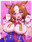  1girl :3 @_@ ahoge animal_ears between_breasts blush border breasts buttons clenched_hands commentary_request confetti double-breasted furrowed_brow gloves hair_between_eyes hair_intakes hairband head_tilt highres long_hair looking_at_viewer meisho_doto_(umamusume) multicolored_hair open_mouth outside_border pink_background purple_eyes sanjiro_(tenshin_anman) simple_background solo tareme tearing_up two-tone_hair umamusume upper_body white_border white_gloves white_hair 