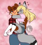  &lt;3 anthro bear black_hair blep blonde_hair bottomwear bridal_carry brown_bear canid canine carrying cheek_tuft clothing cutoffs daisy_dukes denim denim_bottomwear denim_clothing duo eyes_closed facial_tuft fangs female flannel_shirt fluffy fluffy_tail fox fur grey_body grey_fur grizzly_bear hair herm_(lore) hotpants jeans male mammal moucchiato one_eye_closed open_mouth open_smile pants pawpads paws pink_background pink_pawpads shorts simple_background smile tail teeth tongue tongue_out tuft ursine white_body white_fur 