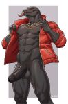  abs absurd_res amon-sydonai anthro balls black_body clothed clothing epic_games erection forked_tongue fortnite genitals grey_body grey_scales hi_res jacket jewelry komodo_dragon lizard male monitor_lizard muscular muscular_anthro muscular_male necklace nipples open_clothing open_jacket open_topwear partially_clothed pecs penis portrait red_clothing red_eyes red_jacket red_topwear reptile scales scalie simple_background solo standing three-quarter_portrait thunder_(fortnite) tongue tongue_out topwear vein veiny_penis 