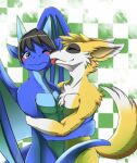  anthro black_hair blonde_hair blue_body blue_eyes blue_wings blush canid cheek_tuft chest_tuft closed_smile dragon duo eyes_closed facial_tuft fur hair hi_res kuttoyaki male mammal membrane_(anatomy) membranous_wings mouth_closed nude one_eye_closed pattern_background red_tongue short_hair shoulder_tuft simple_background standing tongue tongue_out tuft white_body white_fur wings yellow_body yellow_fur 