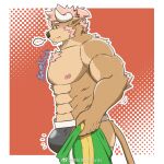  1boy abs animal_ears ass bara blush brown_fur bulge bulge_lift chest_hair chest_tuft cow_ears cow_horns dressing facial_hair feet_out_of_frame from_side furry furry_male goatee green_pants grey_male_underwear horns i&#039;ve_never_seen_a_guy_recreate_this_successfully_tbh_(meme) jockstrap large_pectorals long_sideburns looking_at_bulge male_focus male_underwear mallards mature_male meme minotaur muscular muscular_male navel nipples original pants pants_lift pectorals perth_(mallards) pink_hair short_hair sideburns solo spoken_blush stomach thick_eyebrows topless_male undersized_clothes underwear 