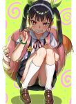  1girl absurdres ass backpack badge bag bakemonogatari black_hair black_panties black_skirt blouse blush bright_pupils brown_footwear button_badge coin commentary ebora eyelashes flat_chest full_body green_background green_bracelet green_ribbon grin hachikuji_mayoi hair_ribbon hairband hand_on_own_knee highres holding holding_coin kneehighs loafers long_hair looking_at_viewer monogatari_(series) naughty_face neck_ribbon panties pantyshot pink_bag pleated_skirt polka_dot polka_dot_background red_eyes red_ribbon ribbon romaji_commentary school_uniform shadow shirt shoes short_sleeves skindentation skirt smile socks solo spiral squatting star_(symbol) stuffed_animal stuffed_toy suspender_skirt suspenders twintails underwear upskirt v-shaped_eyebrows white_hairband white_pupils white_shirt white_socks 