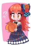  1girl chibi closed_mouth dress facial_mark fire_emblem fire_emblem_engage flower hair_flower hair_ornament holding long_hair makeup official_alternate_costume orange_hair panette_(fire_emblem) pumpkin simple_background solo tamatamariso85 