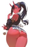  1girl ass ass_focus back black_hair black_shirt blue_eyes colored_skin demon demon_girl detached_sleeves highres horns huge_ass japanese_clothes lividy long_hair looking_back oni oni_horns original panties ponytail red_skin shirt side_ponytail simple_background sleeveless sleeveless_shirt slit_pupils solo thick_thighs thighs underwear v white_background white_panties 