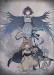  2girls ahoge animal_ear_fluff animal_ears arknights arms_at_sides black_hair black_panties black_wings blue_eyes braid breasts brown_eyes circlet dress feathered_wings flying fringe_trim full_body grey_dress grey_hair grey_pants highres holding holding_staff jewelry kjera_(arknights) large_breasts leopard_ears leopard_girl leopard_tail long_hair long_sleeves looking_at_viewer multiple_girls necklace noshima outdoors panties pants pramanix_(arknights) short_hair snow snowing staff tail turtleneck_dress twin_braids underwear very_long_hair white_dress wings 