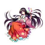  1girl black_hair bow bowtie branch closed_mouth full_body game_cg highres holding holding_branch houraisan_kaguya jeweled_branch_of_hourai long_hair long_skirt looking_at_viewer pink_shirt red_eyes red_skirt rotte_(1109) shirt simple_background skirt smile solo third-party_source touhou touhou_lost_word very_long_hair white_background white_bow white_bowtie 