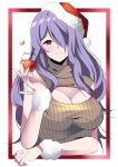  1girl arm_warmers breasts brown_sweater camilla_(fire_emblem) cleavage cleavage_cutout clothing_cutout cup drink drinking_glass fe135700 fire_emblem fire_emblem_fates hair_over_one_eye hat heart highres holding holding_cup long_hair looking_at_viewer purple_eyes purple_hair red_headwear santa_hat sleeveless sleeveless_turtleneck smile solo sweater turtleneck turtleneck_sweater upper_body 