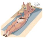  anthro bikini biped blonde_hair butt canid canine canis clothed clothing dialogue english_text female hair hi_res jackal looking_back lying mammal on_front orange_body pawpads ponytail rear_view skimpy solo swimwear teabro text 