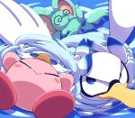  :&gt; @_@ bird bird_hat blue_background blue_eyes blush_stickers closed_eyes closed_mouth elfilin feathers fleurina highres kirby kirby_(series) kirby_and_the_forgotten_land nettsuu no_humans sweatdrop tornado_kirby white_feathers white_headwear 