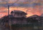  building chain-link_fence cloud cloudy_sky day fence highres house morning no_humans orange_sky original painting_(medium) power_lines road sky street sunrise tlctm7h8wdwnthx traditional_media tree utility_pole 