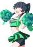  1girl absurdres alternate_hair_color alternate_hairstyle bare_shoulders bike_shorts_under_skirt black_hair black_sports_bra blunt_bangs blush breasts brown_eyes cheerleader collarbone cowboy_shot crop_top cropped_shirt dot_nose from_side green_hair green_shirt hands_up highres holding holding_pom_poms idolmaster idolmaster_shiny_colors long_hair looking_at_viewer mayuzumi_fuyuko medium_breasts midriff miniskirt multicolored_hair one_eye_closed open_mouth pleated_skirt pom_pom_(cheerleading) ponytail print_shirt sanami_(sanami_t_38) shirt simple_background skirt sleeveless sleeveless_shirt smile solo sports_bra standing streaked_hair text_print two-tone_hair two-tone_skirt white_background 