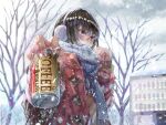  1girl absurdres bare_tree black_hair blue_eyes blush cable_knit can canned_coffee cloud cloudy_sky coat commentary_request duffel_coat earmuffs fingernails highres incoming_drink long_fingernails looking_away nervous original outdoors revision sakura_inu_(itoyatomo) scarf sky sleeves_past_wrists snow snowing solo tree vending_machine winter winter_clothes winter_coat 