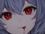  1girl blood blood_on_mouth blue_hair close-up closed_mouth eye_focus eyelashes hair_between_eyes head_tilt lips looking_at_viewer mameko_(mamemame81) portrait red_eyes remilia_scarlet smile solo symbol-shaped_pupils tongue tongue_out touhou 