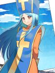  1girl absurdres arms_behind_back betabetamaru blue_eyes blue_sky blue_tabard bodysuit breasts cloud commentary_request commission cowboy_shot dragon_quest dragon_quest_iii gloves hat highres holding holding_mace holding_weapon long_hair mace medium_breasts mitre orange_bodysuit orange_eyes priest_(dq3) skeb_commission sky smile solo tabard very_long_hair weapon yellow_gloves 