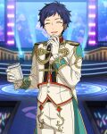  1boy blue_hair buttons can closed_eyes cowboy_shot dark_blue_hair ensemble_stars! facing_viewer fushimi_yuzuru gloves hand_up happy_elements headset holding holding_can long_sleeves male_focus mole mole_under_eye official_art open_mouth short_bangs short_hair solo third-party_source 