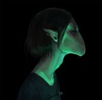  2018 akrolayn alien anthro black_background black_clothing black_hair black_shirt black_topwear bust_portrait clothing digital_media_(artwork) digital_painting_(artwork) ear_piercing eyebrows female geodis_(species) green_light hair light lighting piercing portrait prick_ears shaded shirt side_view simple_background solo topwear valetta_(akrolayn) 