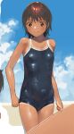  1girl black_one-piece_swimsuit blue_sky breasts brown_eyes brown_hair cloud competition_school_swimsuit cowboy_shot day highres one-piece_swimsuit one-piece_tan original outdoors school_swimsuit shiden_(sashimi_no_wife) short_hair sky small_breasts solo swimsuit tan tanlines wet wet_clothes wet_swimsuit 