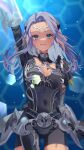  1girl aqua_eyes arm_up armor au_ra bodysuit breasts covered_navel dark-skinned_female dark_skin dragon_horns dragon_tail final_fantasy final_fantasy_xiv highres hip_armor horns khr_39 long_hair looking_at_viewer purple_hair scales shoulder_armor small_breasts smile solo tail warrior_of_light_(ff14) wrist_guards 
