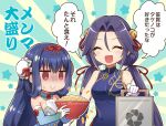  2girls :&gt; bamboo_shoot bare_shoulders bell blank_eyes blue_hair bow_headband bowl bun_cover china_dress chinese_clothes closed_eyes commentary_request dress elbow_gloves food_delivery_box gloves hair_intakes halterneck holding holding_bowl long_hair low_twintails multiple_girls nagashino_ichimonji nakamura_hinato notice_lines open_mouth sasanuki_(tenka_hyakken) sidelocks_tied_back sleeveless sleeveless_dress smile speech_bubble star_(symbol) sunburst tenka_hyakken translation_request twintails upper_body 