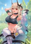  1girl absurdres arknights arm_up armband bandages bare_shoulders black_choker blue_sky breasts chest_sarashi choker cleavage commentary_request cowboy_shot crop_top day forest grass hand_up haru_torimaru highres horns large_breasts long_hair midriff mudrock_(arknights) nature navel no_panties oripathy_lesion_(arknights) outdoors pointy_ears red_eyes sarashi sky solo sports_bra standing stomach tree white_hair 