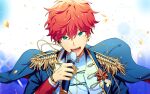  1boy 400_(34236795) amagi_hiiro aqua_eyes commentary earrings ensemble_stars! epaulettes hand_up highres holding holding_microphone hoop_earrings jewelry long_sleeves looking_at_viewer male_focus microphone open_mouth red_hair short_hair solo teeth upper_body 