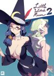  2girls absurdres back back-to-back breasts cover diana_cavendish glasses green_hair hat highres little_witch_academia moon_(symbol) multiple_girls nipples nude optionaltypo purple_eyes red_eyes ursula_charistes witch witch_hat 