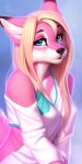  absurd_res ai_generated anthro artist_name blonde_hair blue_eyes breasts canid clothed clothing digital_media_(artwork) female fur hair hi_res looking_at_viewer mammal pink_body pink_fur portrait princess princesspaw69 royalty simple_background smile smiling_at_viewer smirk smirking_at_viewer solo tail 