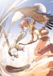  1girl ass bald_eagle bird black_wings boots bow_(weapon) breasts brown_eyes brown_footwear brown_gloves brown_hair brown_shirt brown_shorts commentary_request crop_top demon_wings eagle elbow_gloves feathers fish fish_in_mouth food fruit full_body gloves grapes griffin gryphon_(ragnarok_online) head_wings holding holding_bow_(weapon) holding_weapon hunter_(ragnarok_online) jumping medium_bangs midriff miniskirt okishiji_en ragnarok_online shirt short_hair short_shorts short_sleeves shorts shorts_under_skirt signature skirt small_breasts weapon white_skirt wings 