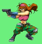  1girl aiming blue_eyes boots breasts brown_hair cleavage commentary_request covered_nipples edie_burret elevator_action_returns facial_tattoo green_background gun handgun holding holding_gun holding_weapon large_breasts long_hair midriff pants patsuki solo star_tattoo tattoo weapon 