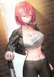  1girl black_jacket black_pants blue_eyes breasts cleavage cowboy_shot grin highres jacket large_breasts leggings looking_at_viewer midriff navel open_clothes open_jacket original pants pink_hair pointy_ears shirt short_hair smile solo standing stomach tungsten_(kwfr4544) white_shirt 