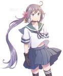  1girl absurdres ahoge akebono_(kancolle) akebono_kai_ni_(kancolle) bell black_choker black_gloves black_thighhighs blue_sailor_collar blue_skirt choker flower gloves hair_bell hair_flower hair_ornament highres jingle_bell kantai_collection long_hair misowhite pleated_skirt purple_eyes purple_hair sailor_collar school_uniform serafuku short_sleeves side_ponytail simple_background skirt solo standing thighhighs very_long_hair white_background 