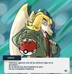  2023 amber_eyes anthro blonde_hair claws clothing cosplay crossover crossover_cosplay dialogue digital_drawing_(artwork) digital_media_(artwork) dinosaur fingers hair hassel_(pokemon) head_crest hi_res i_wani_hug_that_gator iadakan jacket long_hair male mechamega03 nintendo pokeball pokemon pterodactylus pterosaur reptile scales scalie simple_background snout solo spanish_text tan_body tan_scales text topwear translation_check translation_request wings 