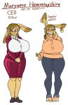  anthro big_breasts bottomwear breasts brown_hair business_attire business_suit businesswear clothed clothing cross cross_necklace digital_media_(artwork) ear_piercing ear_ring english_text eyewear female footwear glasses hair hi_res huge_breasts jewelry lagomorph leporid lurker_bot mammal maryanne_(lurker_bot) mature_anthro mature_female necklace piercing rabbit ring_piercing shirt simple_background skirt smile solo standing suit text thick_thighs topwear wide_hips 