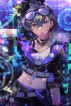  1girl belt bubble_blowing chewing_gum commentary cowboy_shot crop_top cropped_jacket fingerless_gloves gloves goggles goggles_on_head grey_eyes grey_hair hand_up highres honkai:_star_rail honkai_(series) kleinlight midriff navel shorts silver_wolf_(honkai:_star_rail) solo 