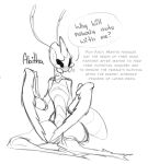  1_horn 2019 abitha_(proxicute) antennae_(anatomy) anthro arthropod arthropod_abdomen biped black_eyes bodily_fluids character_name claws dialogue empty_eyes english_text fan_character featureless_chest female front_view hollow_knight horn insect mantis monochrome proxicute question_mark simple_background sitting sketch small_waist solo speech_bubble suggestive_dialogue team_cherry tears text thick_thighs weapon_arm white_background wide_hips 
