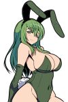  1girl alternate_costume animal_ears bare_shoulders blush breasts cleavage elbow_gloves fake_animal_ears fire_emblem fire_emblem:_mystery_of_the_emblem fire_emblem:_shadow_dragon gloves green_eyes green_hair green_leotard groin headband huge_breasts kara_age leotard long_hair looking_at_viewer palla_(fire_emblem) playboy_bunny rabbit_ears rabbit_tail simple_background smile solo strapless strapless_leotard tail white_background 
