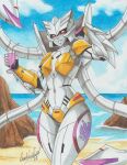  1girl 2022 absurdres beach beast_wars beast_wars_ii breasts clenched_hand cloud commission cup drinking_straw highres holding holding_cup looking_at_viewer mecha mechanical_tentacles ocean parted_lips predacon ravernclouk robot science_fiction scylla_(transformers) sky small_breasts smile solo spanish_commentary traditional_media transformers water 