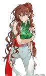  1girl blood braid breasts brown_hair hair_bun indesign injury long_hair looking_at_viewer simple_background solo strider_(video_game) ton_pooh torn_clothes white_background 