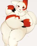  2023 ambiguous_gender anthro biped blush digital_media_(artwork) generation_3_pokemon hi_res huge_belly looking_at_viewer navel nintendo nude open_mouth overweight overweight_ambiguous overweight_anthro pokemon pokemon_(species) rokacake simple_background smile solo thick_thighs wide_hips zangoose 