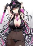  1girl absurdres armpits arms_up bikini black_bikini black_bikini_bottom black_headwear bodystocking breasts covered_navel facial_mark fate/grand_order fate_(series) fingerless_gloves forehead_mark forehead_tattoo gloves hat highres large_breasts looking_at_viewer multicolored_hair necktie peaked_cap pink_necktie police_hat sesshouin_kiara sesshouin_kiara_(swimsuit_mooncancer) sesshouin_kiara_(swimsuit_mooncancer)_(second_ascension) simple_background smile solo streaked_hair swimsuit torn_bodystocking torn_clothes toyosu traffic_baton yellow_eyes 