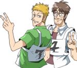  2boys black_eyes blonde_hair brown_hair brown_shirt closed_mouth commentary_request facial_hair fingernails fukumoto_nobuyuki_(style) glasses goatee green_shirt grin hei88 ishida_kouji kaiji looking_at_viewer male_focus medium_bangs multiple_boys pointy_nose race_bib sahara_makoto shirt short_bangs short_hair simple_background smile upper_body v white_background white_shirt 